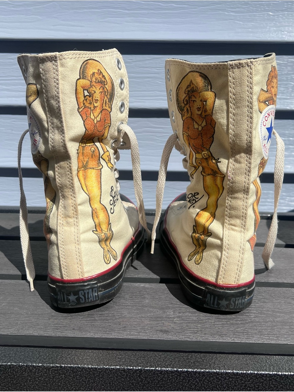 Converse Cream Canvas SailorJerry Pin-Up Artwork All Star High-Top Sneakers - Picture 4 of 13